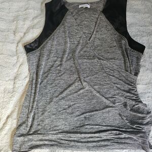 Calvin Klein Gray Sleeveless Top with Black Faux-Leather Shoulders